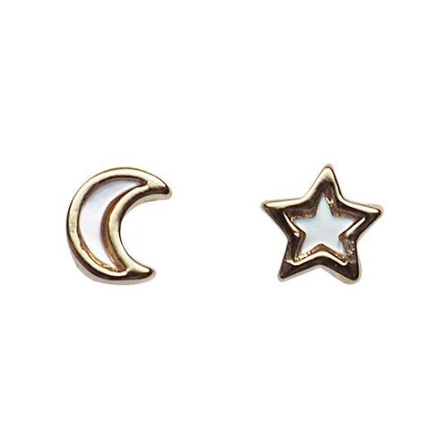 Mother Of Pearl Star and Moon Invisible Clip On Stud Earrings (Gold tone) - Miyabi Grace