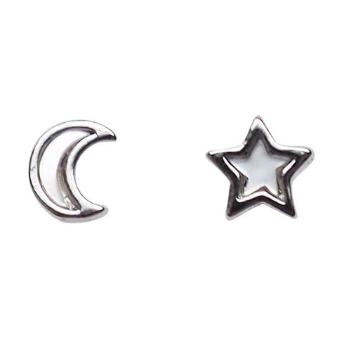 Mother Of Pearl Star and Moon Invisible Clip On Stud Earrings (Silver tone) - Miyabi Grace