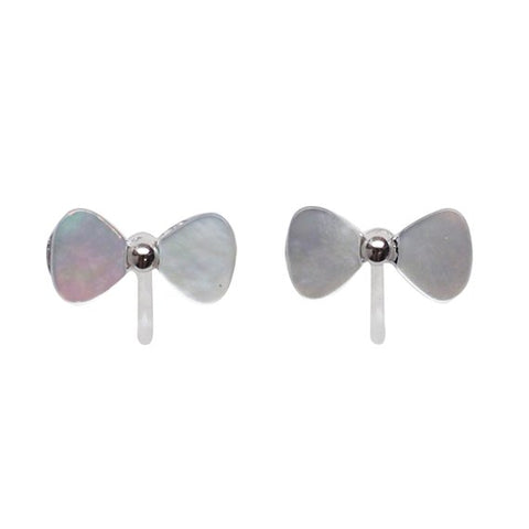 Mother Of Pearl Bow Tie Invisible Clip On Stud Earrings (Silver tone) - Miyabi Grace