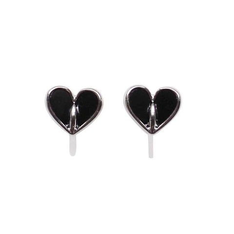 Black Onyx  Heart Invisible Clip On Stud Earrings (Silver tone) - Miyabi Grace