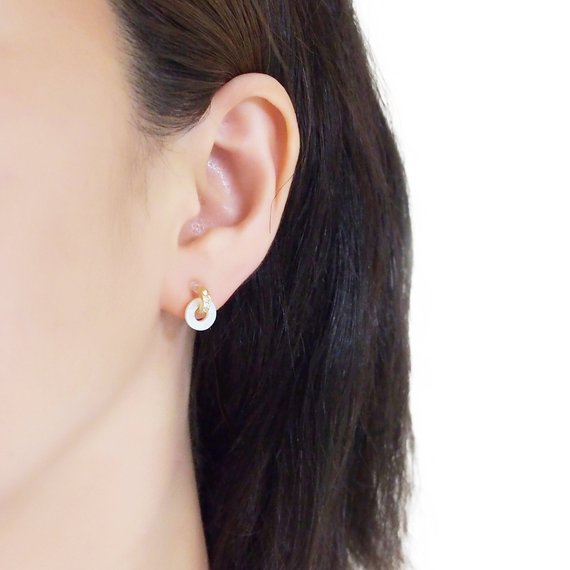 Mother Of Pearl Hoop Invisible Clip On Stud Earrings (Gold tone) - Miyabi Grace