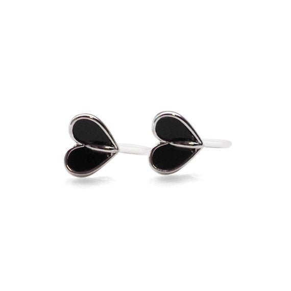 Black Onyx  Heart Invisible Clip On Stud Earrings (Silver tone) - Miyabi Grace