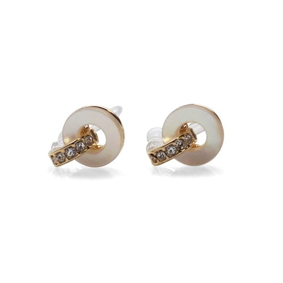 Mother Of Pearl Hoop Invisible Clip On Stud Earrings (Gold tone) - Miyabi Grace