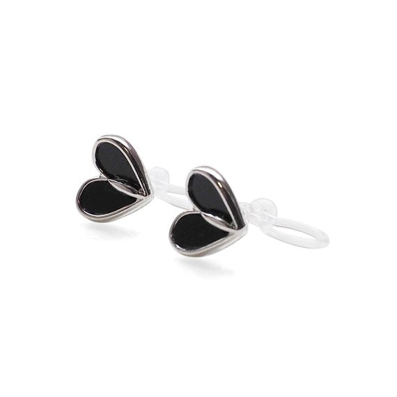 Black Onyx  Heart Invisible Clip On Stud Earrings (Silver tone) - Miyabi Grace