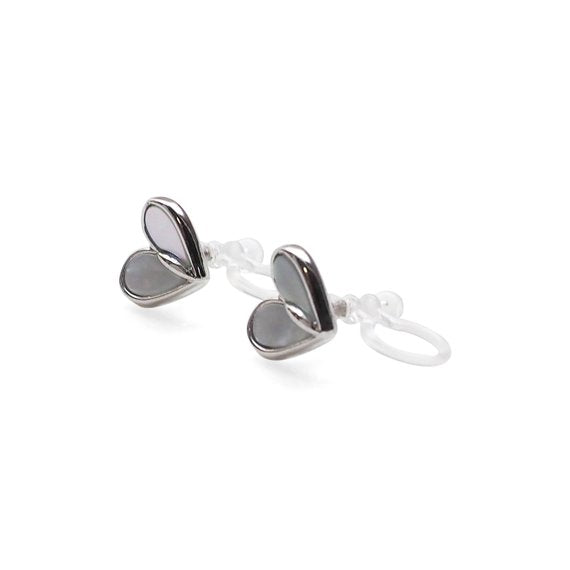 Mother Of Pearl Heart Invisible Clip On Stud Earrings (Silver tone) - Miyabi Grace