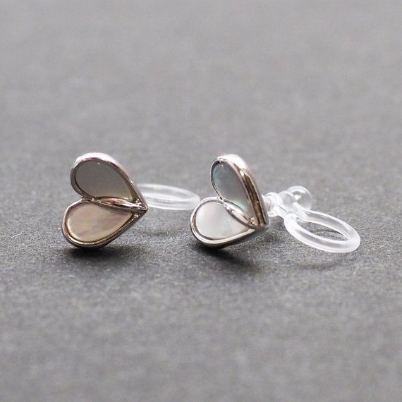 Mother Of Pearl Heart Invisible Clip On Stud Earrings (Silver tone) - Miyabi Grace