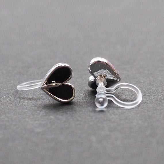 Black Onyx  Heart Invisible Clip On Stud Earrings (Silver tone) - Miyabi Grace