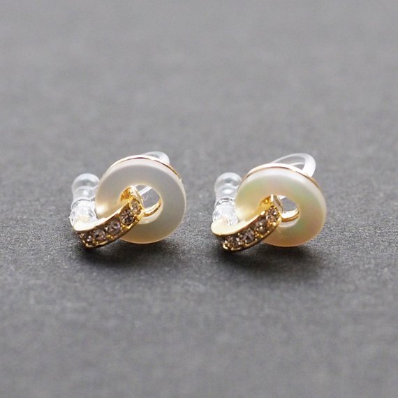 Mother Of Pearl Hoop Invisible Clip On Stud Earrings (Gold tone) - Miyabi Grace