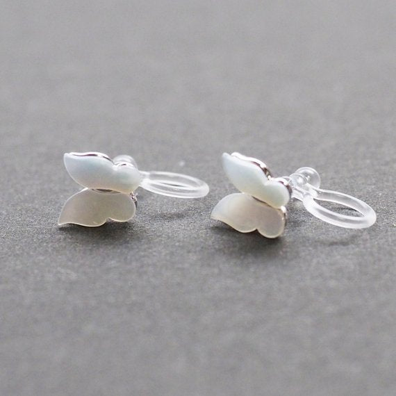 Mother Of Pearl Butterfly Invisible Clip On Stud Earrings (Silver tone) - Miyabi Grace