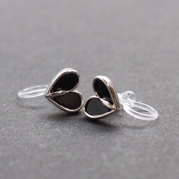 Black Onyx  Heart Invisible Clip On Stud Earrings (Silver tone) - Miyabi Grace