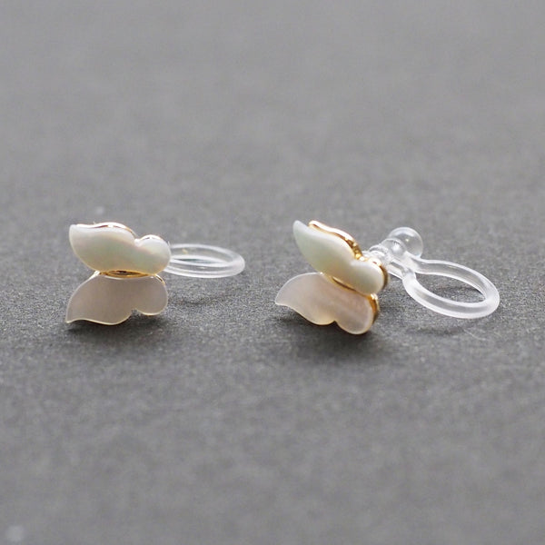 Mother Of Pearl Butterfly Invisible Clip On Stud Earrings (Gold tone) - Miyabi Grace