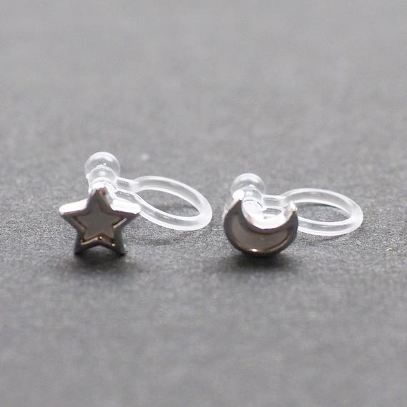 Mother Of Pearl Star and Moon Invisible Clip On Stud Earrings (Silver tone) - Miyabi Grace