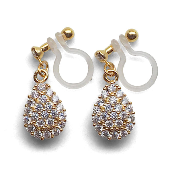 Bridal teardrop micro pave cubic zirconia invisible clip on earrings ( gold tone ) - Miyabi Grace