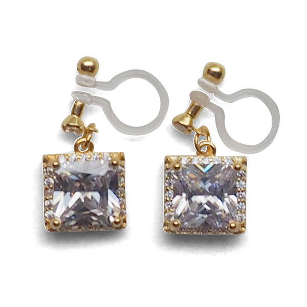 Bridal square cubic zirconia invisible clip on earrings ( gold tone ) - Miyabi Grace