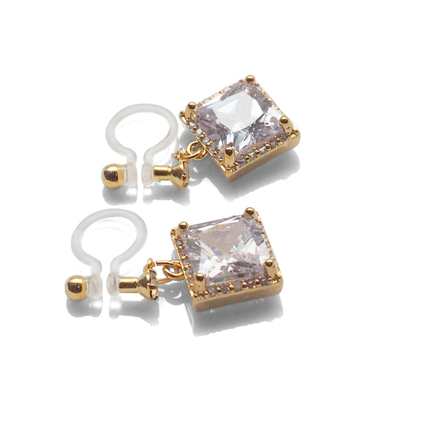 Bridal square cubic zirconia invisible clip on earrings ( gold tone ) - Miyabi Grace