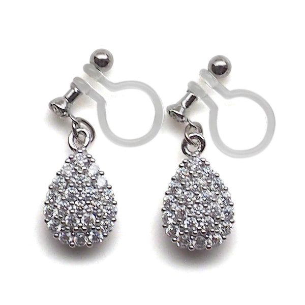 Bridal teardrop micro pave cubic zirconia invisible clip on earrings ( silver tone ) - Miyabi Grace