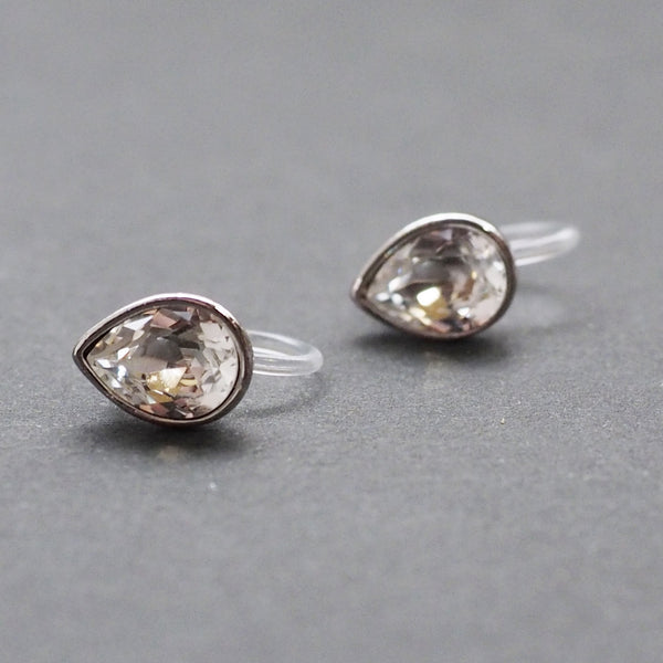 Teardrop Cubic Zirconia Crystal Invisible Clip On Stud Earrings (Silver tone) - Miyabi Grace