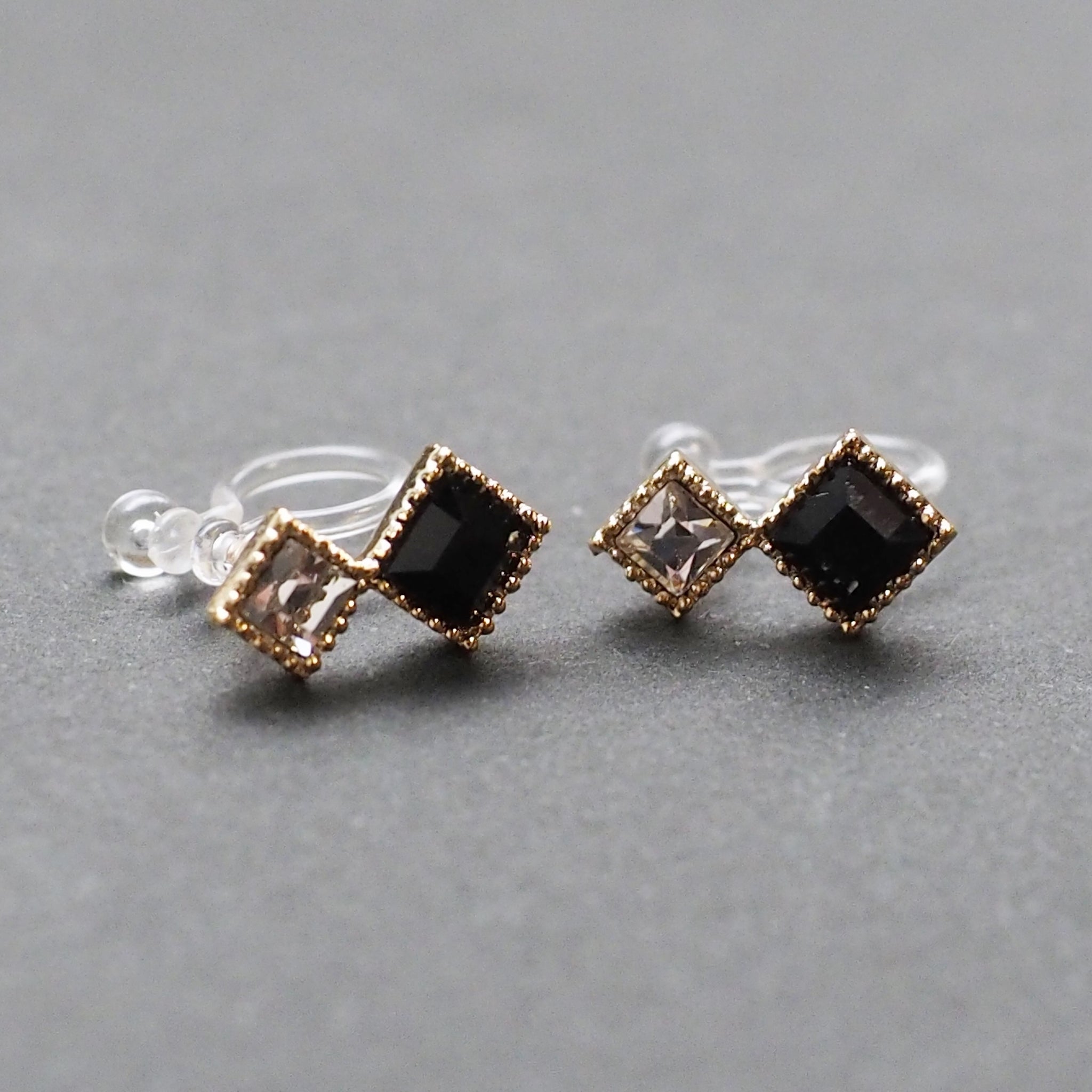 Square Black & Clear Swarovski Crystal Invisible Clip On