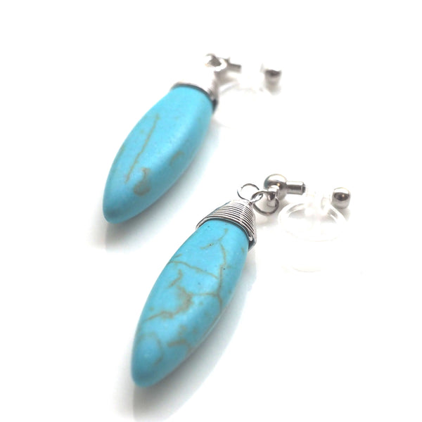 Blue turquoise bar invisible clip on earrings - Miyabi Grace