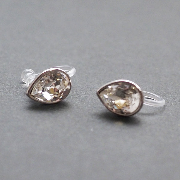 Teardrop Cubic Zirconia Crystal Invisible Clip On Stud Earrings (Silver tone) - Miyabi Grace