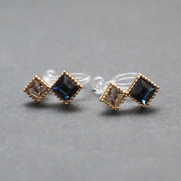 Square Navy Blue & Clear Swarovski Crystal Invisible Clip On Stud Earrings - Miyabi Grace