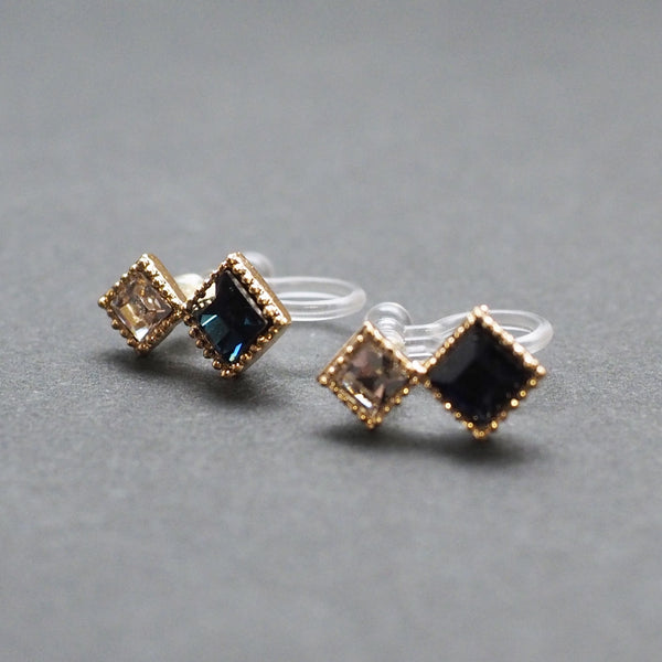 Square Navy Blue & Clear Swarovski Crystal Invisible Clip On Stud Earrings - Miyabi Grace