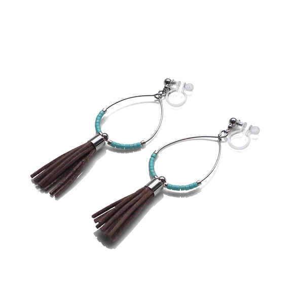 Hoop and brown tassel invisible clip on earrings ( Silver tone ) - Miyabi Grace