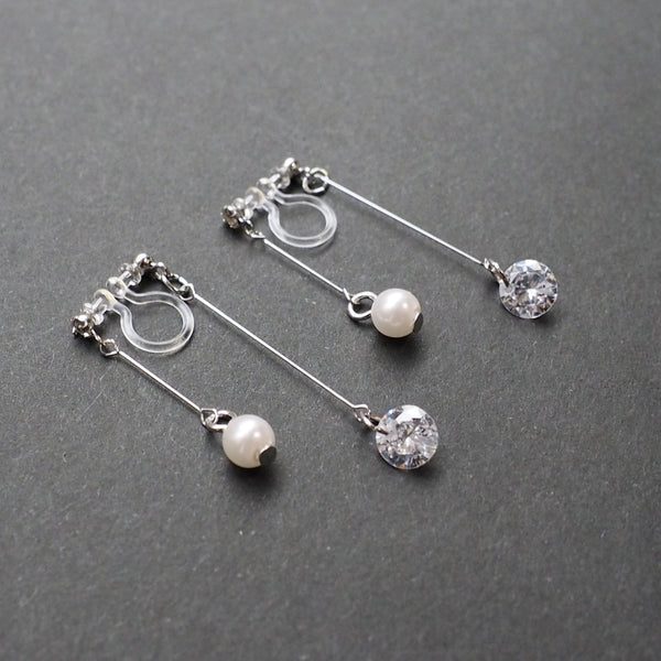 Silver double sided pearl & cubic zirconia crystal dangle invisible clip on earrings - Miyabi Grace