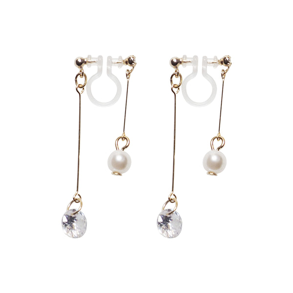 Dangle Gold Double Sided Cubic Zirconia & Pearl Invisible Clip On Earrings