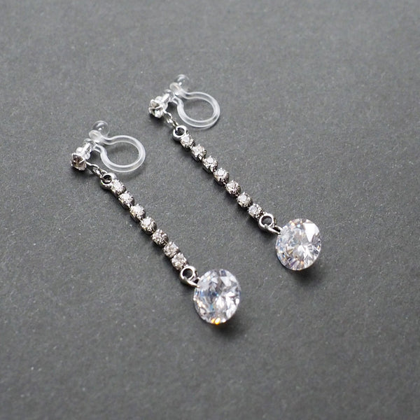 Silver cubic zirconia crystal dangle invisible clip on earrings - Miyabi Grace