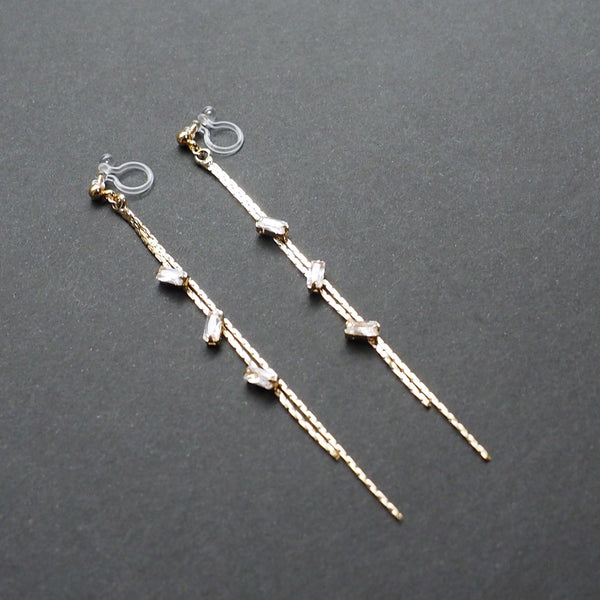 Gold chain rhinestone crystal dangle invisible clip on earrings - Miyabi Grace
