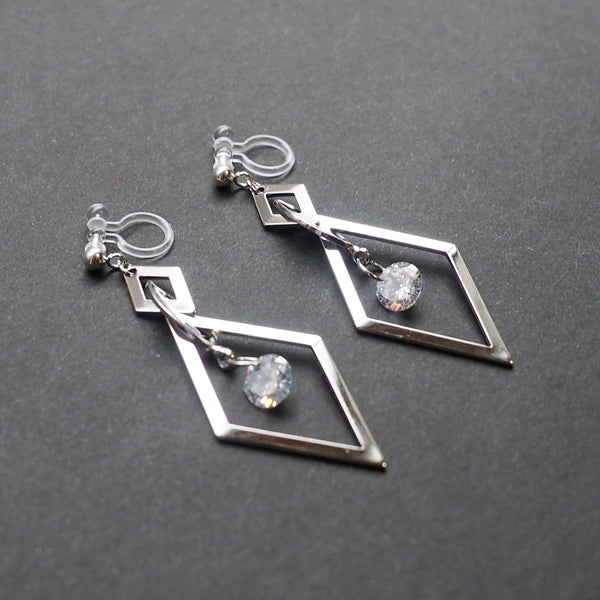 Silver diamond shape hoop cubic zirconia crystal dangle invisible clip on earrings - Miyabi Grace