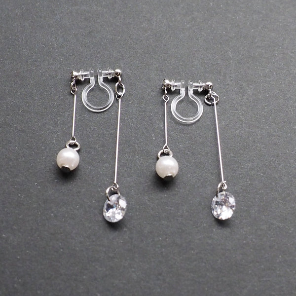 Silver double sided pearl & cubic zirconia crystal dangle invisible clip on earrings - Miyabi Grace