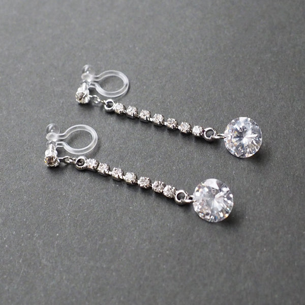 Silver cubic zirconia crystal dangle invisible clip on earrings - Miyabi Grace