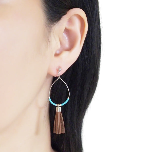 Hoop and brown tassel invisible clip on earrings ( Silver tone ) - Miyabi Grace