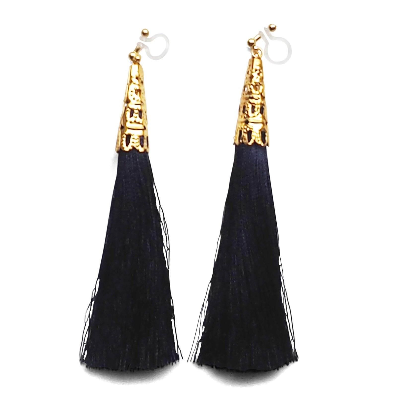 Long Navy Blue Tassel Invisible Clip On Earrings - Miyabi Grace
