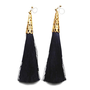 Long Navy Blue Tassel Invisible Clip On Earrings - Miyabi Grace
