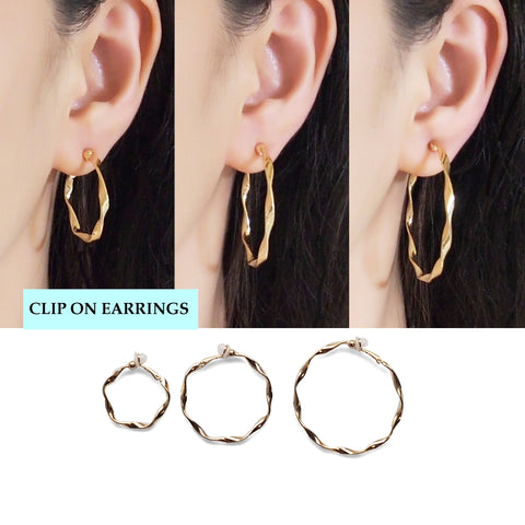 Gold Twisted Clip On Hoop Earrings - Miyabi Grace