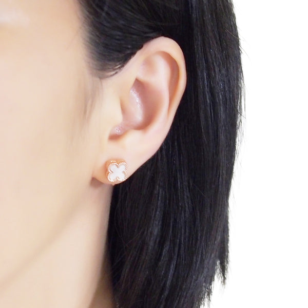 Rose Gold Clover Swarovski Crystal Rhinestone Pave Invisible Clip On Stud Earrings ( White ) - Miyabi Grace
