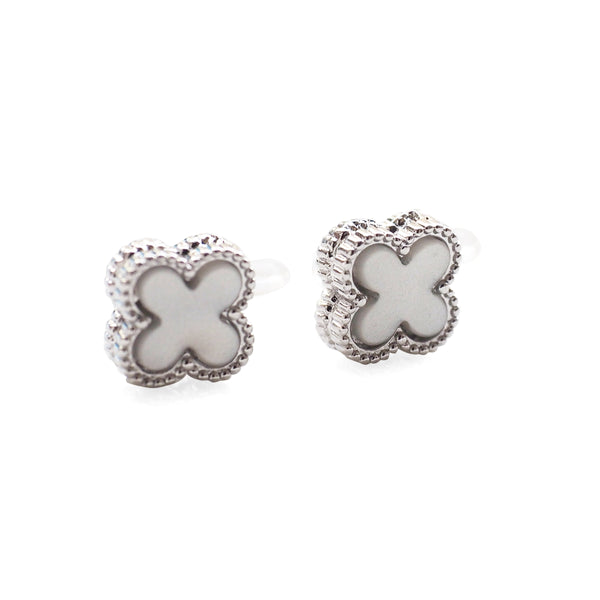 Silver Clover Swarovski Crystal Rhinestone Pave Invisible Clip On Stud Earrings ( White ) - Miyabi Grace