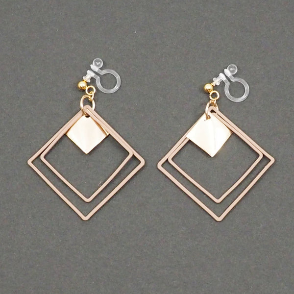 Beige Square Double Hoops Invisible Clip On Earrings - Miyabi Grace
