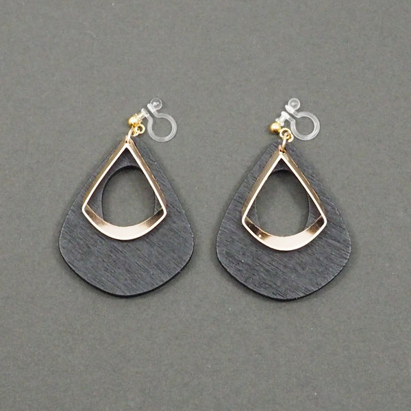 Black Teardrop Wood Hoop Invisible Clip On Earrings - Miyabi Grace