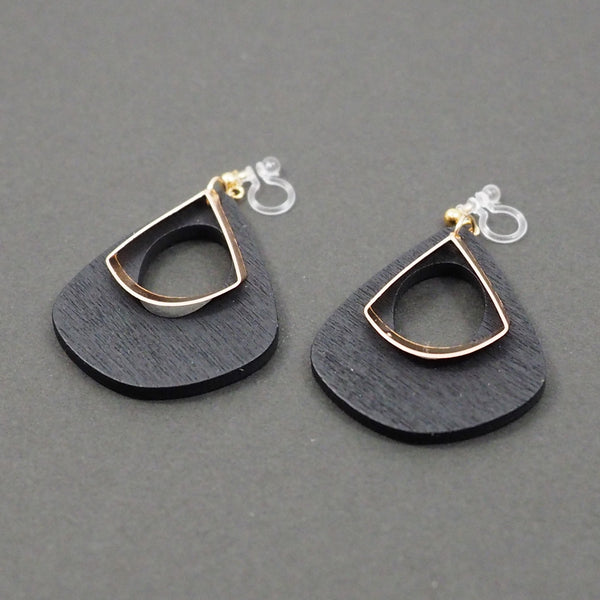 Black Teardrop Wood Hoop Invisible Clip On Earrings - Miyabi Grace