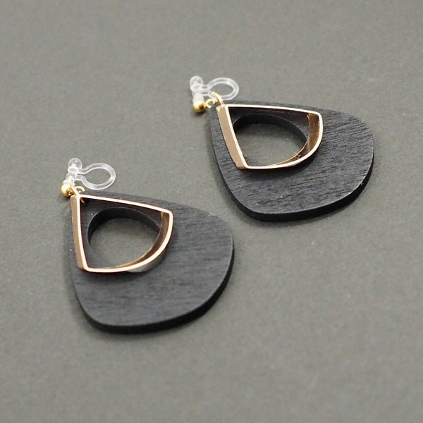 Black Teardrop Wood Hoop Invisible Clip On Earrings - Miyabi Grace