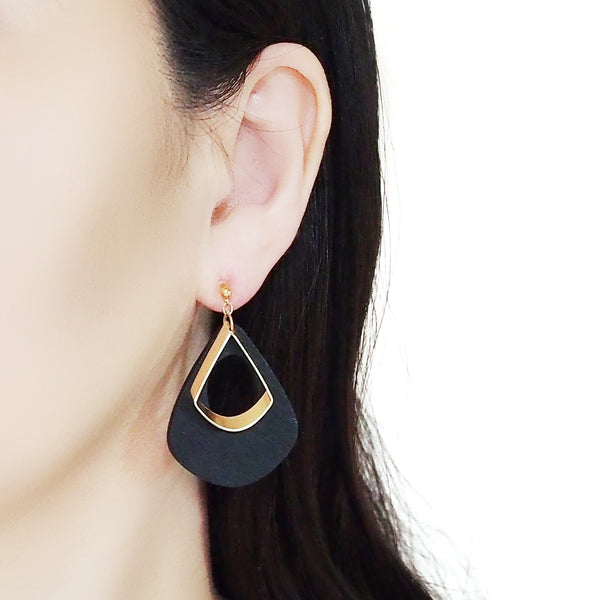 Black Teardrop Wood Hoop Invisible Clip On Earrings - Miyabi Grace