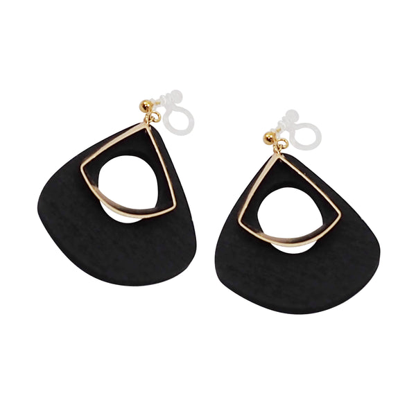 Black Teardrop Wood Hoop Invisible Clip On Earrings - Miyabi Grace