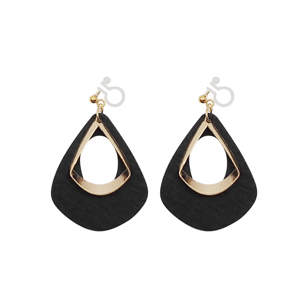 Black Teardrop Wood Hoop Invisible Clip On Earrings - Miyabi Grace