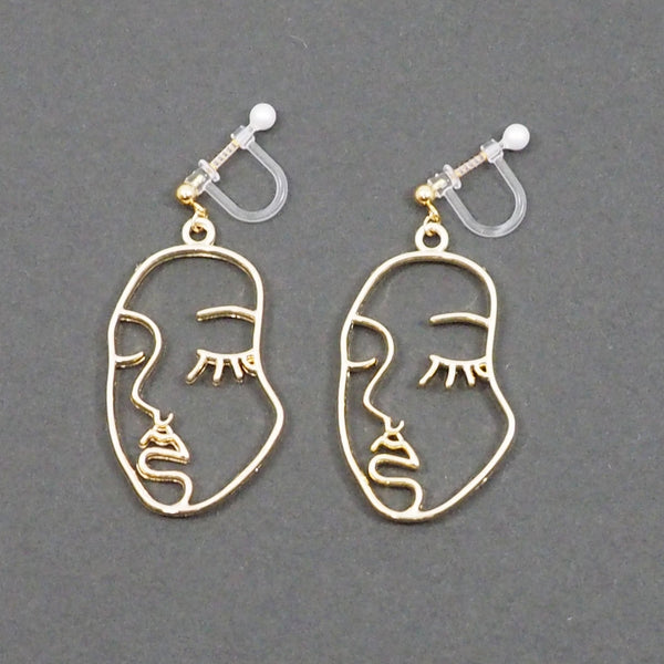 Gold Picasso Face Closed Eyes Invisible Clip On Earrings - Miyabi Grace