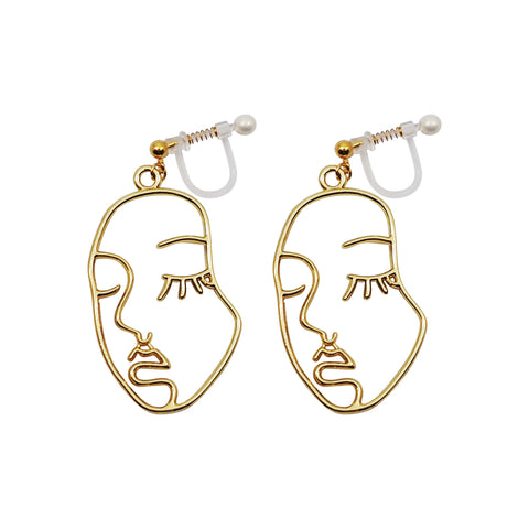 Gold Picasso Face Closed Eyes Invisible Clip On Earrings - Miyabi Grace