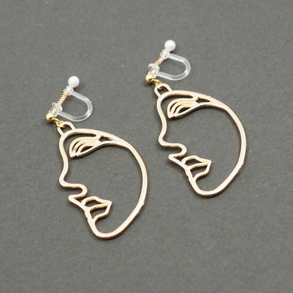 Gold Picasso Face Side Invisible Clip On Earrings - Miyabi Grace